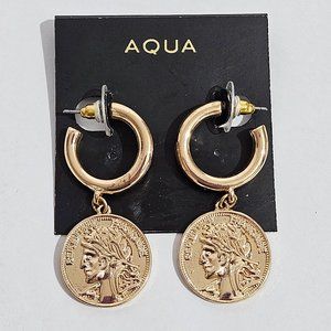 Aqua Coin Charm Hoop Earrings